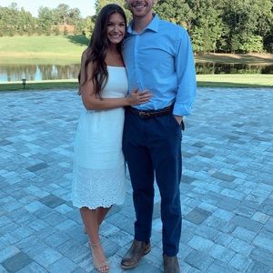 White linen midi dress with eyelet detail